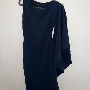 Cushnie et Ochs Navy One-Shoulder Dress – Size 4 | Cape Sleeve • Asymmetrical